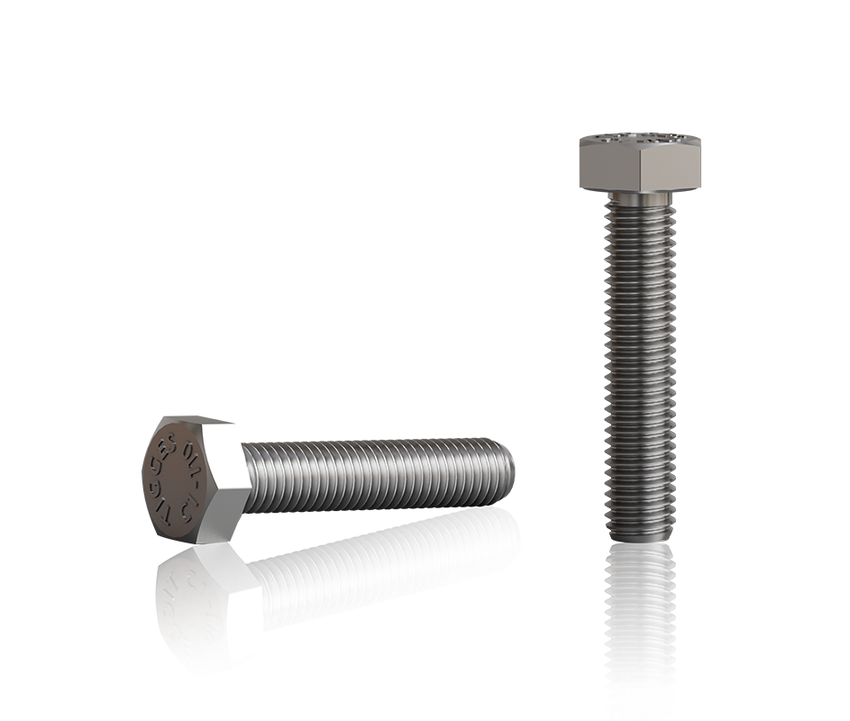 Sechskantschraube nach DIN 933, Größe M10×50, aus Metall, freigestellt dargestellt in liegender und stehender Position.