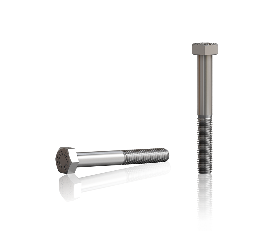 Sechskantschraube nach DIN 933, Größe M10×80, aus Metall, freigestellt dargestellt in liegender und stehender Position.