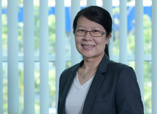 Frau Tan Wai Leng in mit dunklem Anzug und weißem Hemd vor vertikalen, hellen Lamellen sitzend.