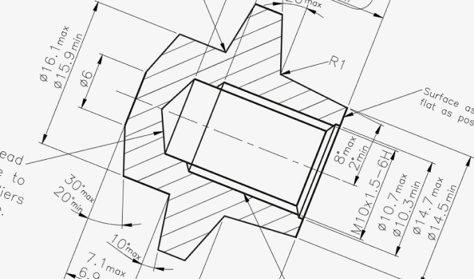 Schwarz-weiße technische Zeichnung eines zylindrischen Bauteils mit mehreren Maßangaben und Schnitten.