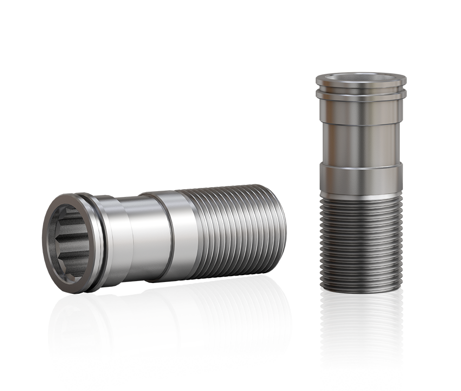 Zwei silberne Befestigungsschrauben aus Edelstahl für Gehäusemontage mit Außengewinde, Bund und Innenvielzahn, freigestellt auf transparentem Hintergrund.