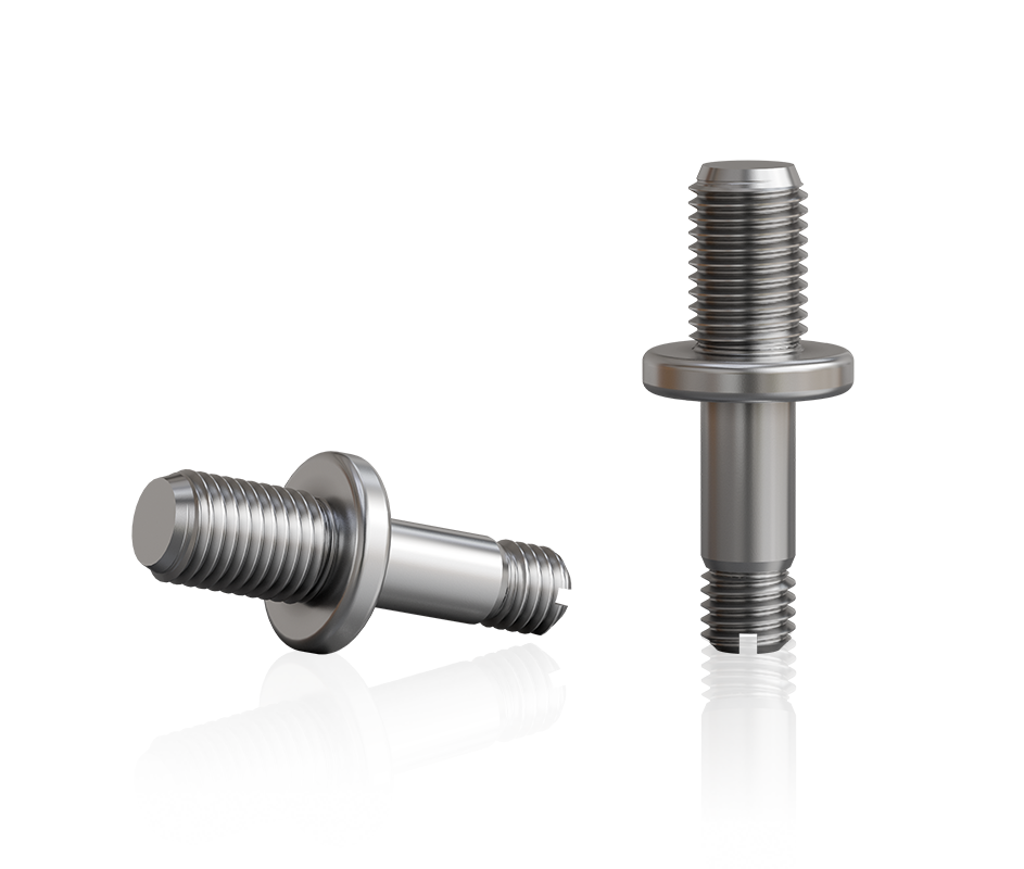 Zwei silberne Einstellschrauben aus Edelstahl für Kupplungen mit Bund, unterschiedlich langen Gewindeabschnitten und glattem Schaft, freigestellt auf transparentem Hintergrund.