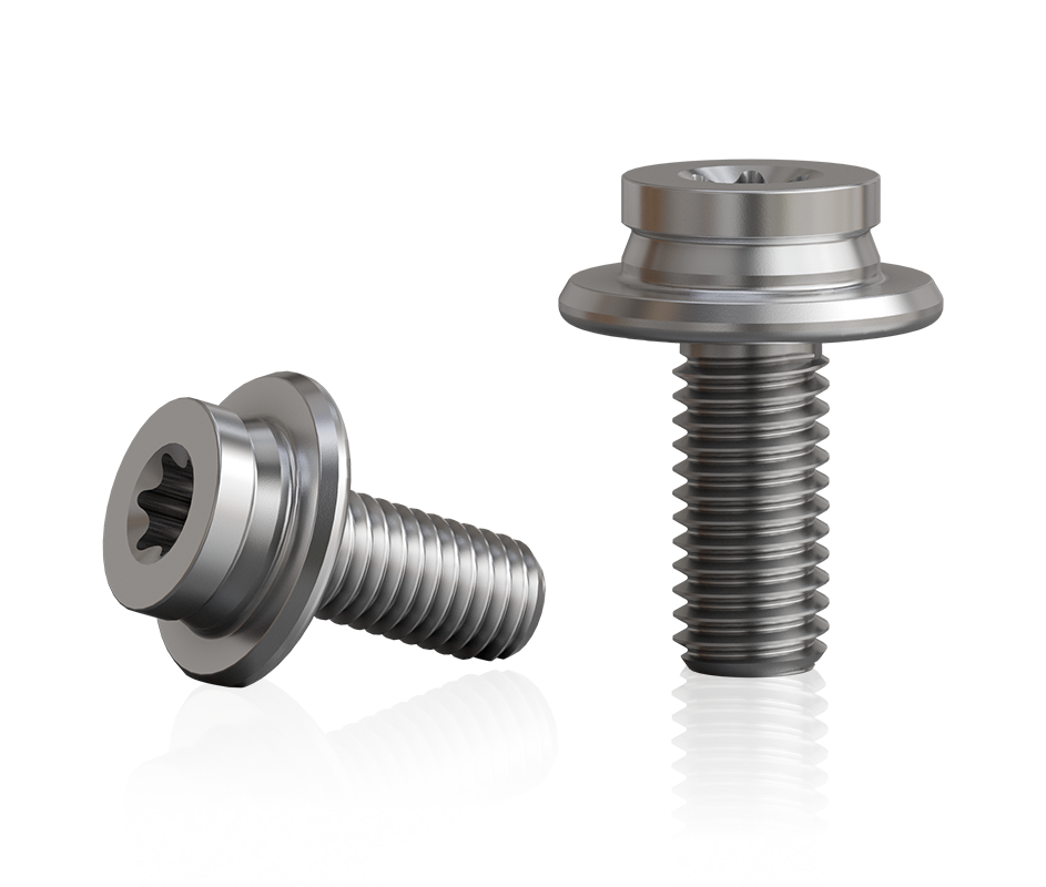 Zwei silberne Crankarm-Befestigungsschrauben aus Edelstahl mit Außengewinde, Bund und Innenvielzahn, freigestellt auf transparentem Hintergrund.