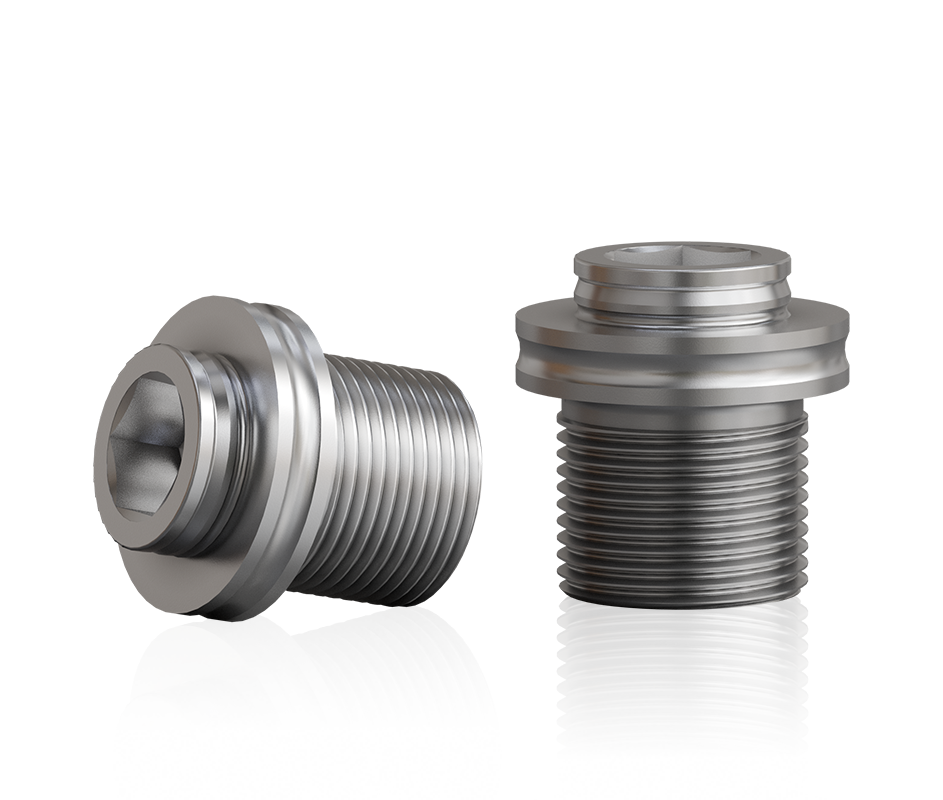 Zwei silberne Crankarm-Befestigungsschrauben mit Außengewinde und Innensechskant, freigestellt auf transparentem Hintergrund.