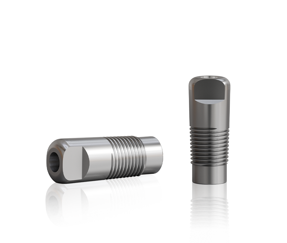 Zwei metallische, zylindrische Schrauben mit Gewinde und flacher, geschlitzter Kopfansicht, eine liegend, eine stehend.