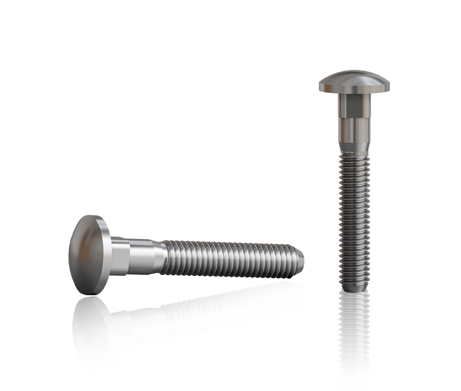 Zwei LCB-Sonderschrauben M6 mit flachem Rundkopf und metrischem Gewinde, eine liegend und eine stehend dargestellt, freigestellt auf transparentem Hintergrund.
