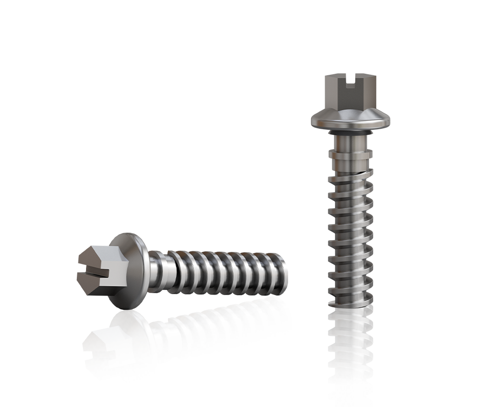 Zwei TR-Sonderschrauben aus Metall, eine liegend und eine stehend dargestellt, mit speziellem Antriebskopf, Scheibe unter dem Kopf und ausgeprägtem Gewinde, freigestellt auf transparentem Hintergrund.